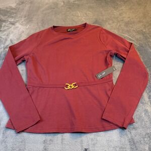 On 12th Burgundy Long Sleeve Peplum Top Gold Chain Belt Detail Womens Medium NWT